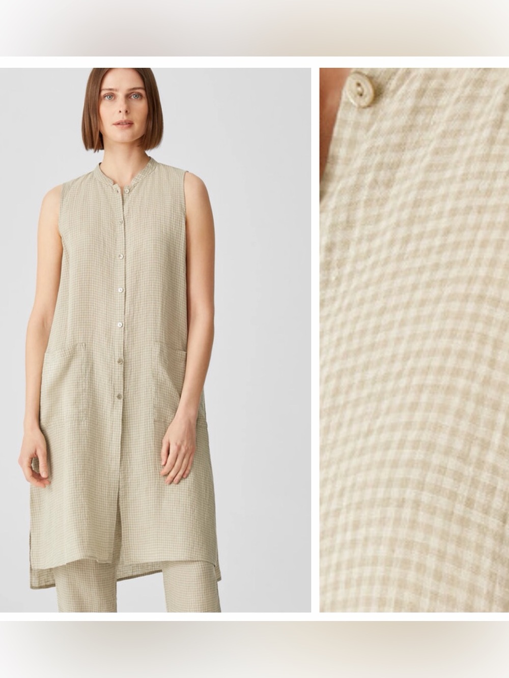 Eileen Fisher Puckered Organic Linen Long Gingham Plaid Tunic Shirt Dress
